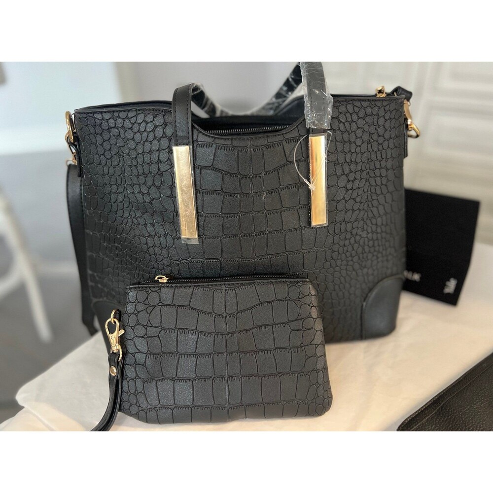 NWT Black Faux Croc Embossed Crossbody/ Wristlet Set Handbag Purse #308